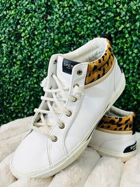 Sperry Crest Vibe Mid White Leather Leopard Print Sneakers - Women's 8.5